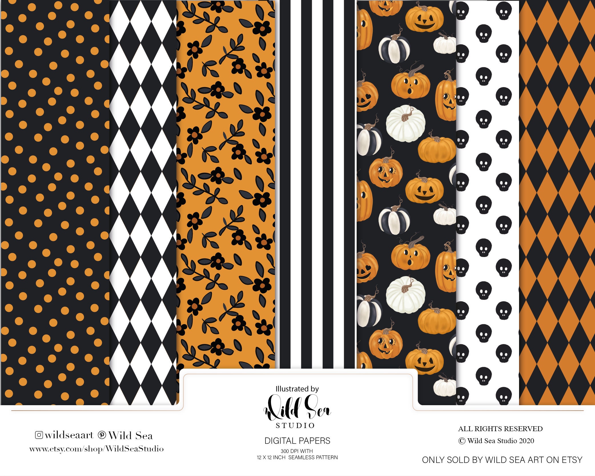 Orange and Black Halloween Digital Paper Set, Pumpkin, Skull, Stripe ...