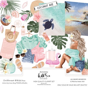 Conjunto de imágenes prediseñadas de vacaciones tropicales, descarga digital, arte imprimible, rosa, azul, verde azulado, floral, conchas, verano, primavera, playa