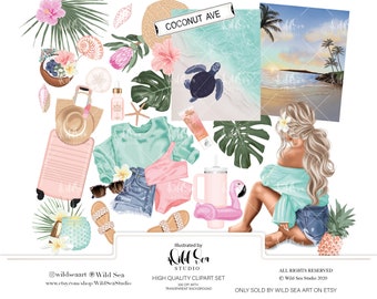 Tropical Vacation Clipart set, Digital download, printable art, pink, blue, Teal, floral, shells, summer, spring, beach