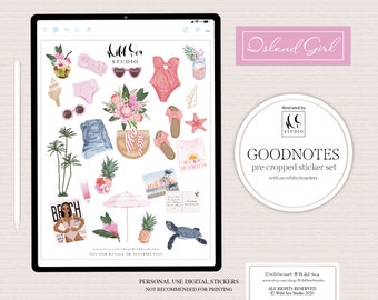 Pink Island stickers for GoodNotes, pre cropped, digital planner stickers, summer, beach, tropical