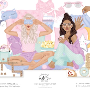 Set di clipart per pigiama party, bambola alla moda, pigiama party, serata tra ragazze, festa, serata di giochi