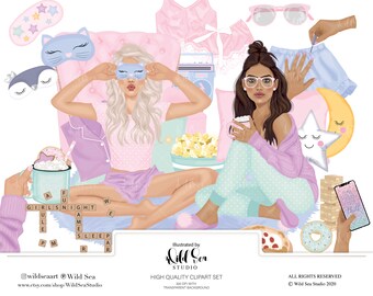 Pyjama Party Clipart set, Modepuppe, Pyjama, Mädels Nacht, feiern, Spiele Nacht