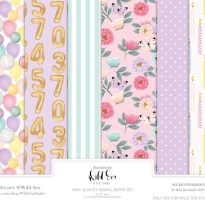 Geburtstags-Digitalpapier-Set, printable Art, rosa und lila Blumen, Planer Girl, digitaler Download