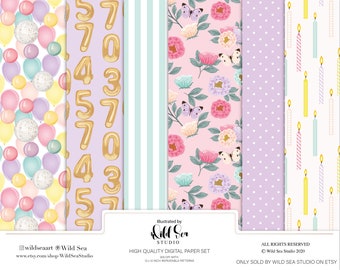 Birthday Digital Paper set, printable art, pink and purple floral, planner girl, digital download