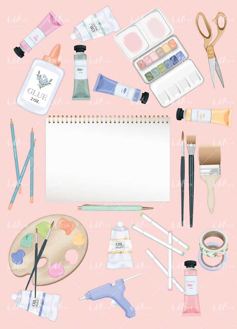 K&ouml;nnte beinhalten: Eine Sammlung von Kunstbedarfsartikeln auf rosa Hintergrund. Die Artikel umfassen Farbtuben, Pinsel, Bleistifte, einen Klebestift, ein Skizzenbuch, eine Palette, eine Hei&szlig;klebepistole, Marker und Washi-Tape. Der Text auf dem Klebestift lautet "GLUE 2 OZ."
