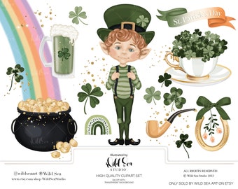 St. Patrick's Day Clipart set, Shamrock, four leaf clover, Lucky, St Patrick's Day, Leprechaun, pot of gold