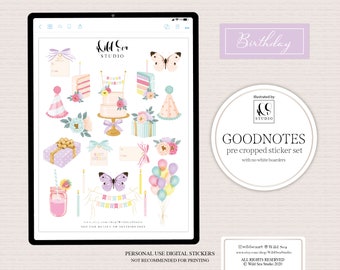 Birthday Stickers for GoodNotes, pre cropped, digital planner stickers, pastel birthday stickers, planner