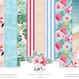 Conjunto de papel digital para férias na praia, praia, tropical, planejador de menina