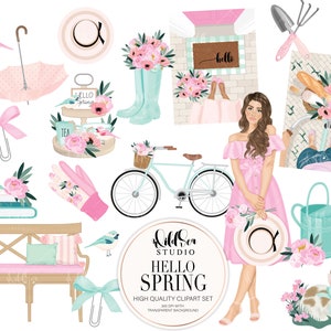 Conjunto de clipart Olá Primavera, Primavera, Boneca da Moda, coelho, pássaros, jardinagem, garota planejadora