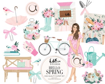 Hello Spring Clipart set, Spring, Fashion Doll, bunny, birds, gardening, planner girl