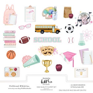 May include: A collection of school-themed clipart elements, including a pink backpack, books, a school bus, a football, a basketball, and a graduation cap. The word "SCHOOL" is displayed in a light blue font. Other items include a lunch tray, a trophy, and a diploma.