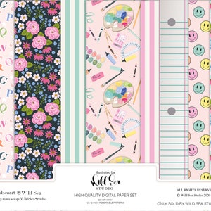 Back to School Digitales Papier Set, Digitaler Download, druckbare Kunst, Nahtlose Muster, Rosa, Schulbedarf, Lehrer, Planer, Sommer