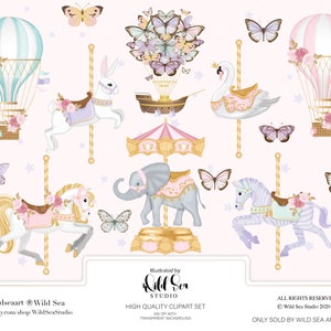 Carousel & Hot Air Balloon Clipart set, whimsical, girly, pink, aqua, purple, butterfly, pony, zebra, rabbit, swan, elephant