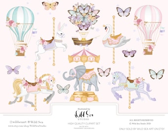 Carousel & Hot Air Balloon Clipart set, whimsical, girly, pink, aqua, purple, butterfly, pony, zebra, rabbit, swan, elephant
