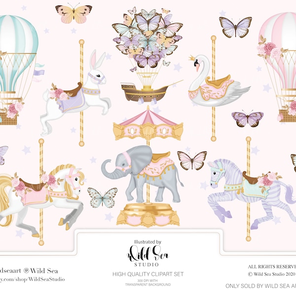 Karussell & Heißluftballon Clipart-Set, wunderlich, mädchenhaft, pink, aqua, lila, Pony, Schmetterling, Zebra, Hase, Schwan, Elefant