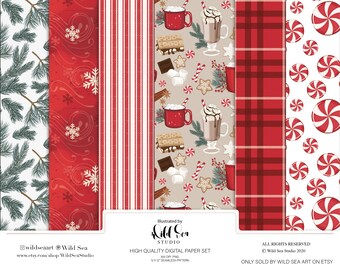 Cocoa and Peppermint Digital Paper set, Digital download, printable art, holiday, winter, greenery, planner, plaid, strips, peppermint, snow