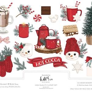 May include: A set of digital clipart featuring winter holiday elements, including a red mug of hot cocoa, a snowman, a Christmas tree, a red candle, a red bow, a marshmallow, a snowflake, a red mitten, a s'more, and a red and white striped candy cane. The text "HOT COCOA" is featured in a red banner.