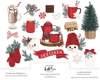 Cocoa and Peppermint Clipart set, Digital download, printable art, holiday, winter, greenery, cute marshmallow,  cozy drinks, planner