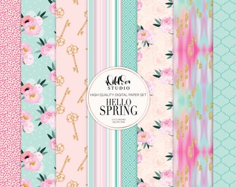 HELLO SPRING Digital Paper set, Floral, pink, mint, spring, garden