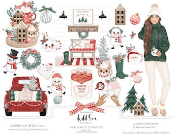 Christmas Clipart Set, fashion girl, snow man, red truck, holiday, girly holiday