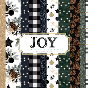 Juego de papeles digitales navideños rústicos Joy, 300 ppp, png, cuadros, purpurina, flores, adornos, piñas