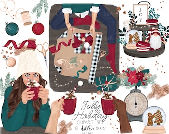 May include: A digital illustration set of Christmas themed clipart featuring a woman drinking hot chocolate with a gingerbread man marshmallow, a woman wrapping a gift, a tiered tray with a snow globe and a gnome, a scale, and a snow globe with gingerbread people. The text "Folly Holiday Clipart Set" is included in the image.