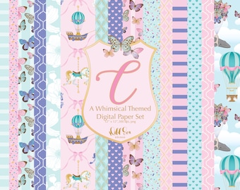 Whimsical Carousel and Hot Air Balloon Digital paper set, stripes, hearts, confetti, floral
