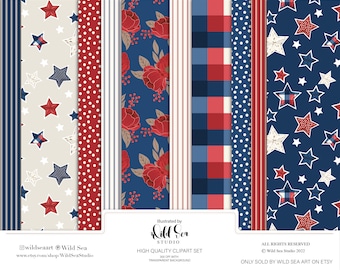 Independence Day Digital Paper set, stars and stripes, fourth of July, red white and blue, farmhouse, america, patriotic