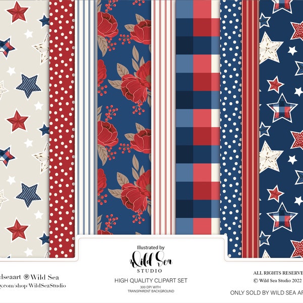 Independence Day Digital Paper set, stars and stripes, fourth of July, red white and blue, farmhouse, america, patriotic