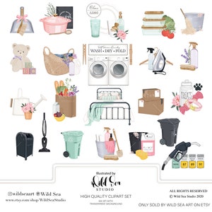 May include: A set of 24 colorful digital illustrations featuring household items, including a pink pot, a watering can, a teddy bear, a laundry basket, a washing machine, an iron, a trash can, a vacuum cleaner, a gas pump, and more.  The illustrations are perfect for creating digital planners, stickers, and other digital products.