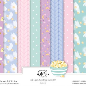 Pajama Party Digital Paper set, pastel, stars, popcorn, repeatable patterns, surface patterns
