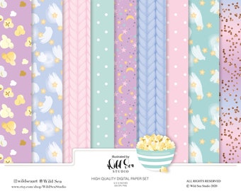 Pajama Party Digital Paper set, pastel, stars, popcorn, repeatable patterns, surface patterns