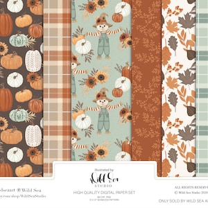 Ensemble de papier numérique citrouille d'automne, épouvantail, ferme, automne, citrouilles, plaid, feuilles,