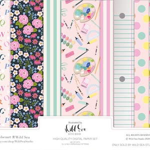 Back to School Digital Paper set, Digital download, printable art, Seamless patterns, Pink, School supplies, teacher, planner, summer