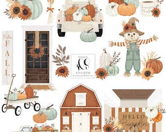 Fall Pumpkin Patch Clipart set, scarecrow,  Farmhouse, Autumn, Pumpkins
