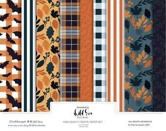 Trick Or Treat Digital Paper set, floral, plaid, stripe, fall, halloween