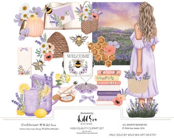 Lavender and Honey Clipart set, Digital download, printable art, purple, yellow, floral, bees, summer, spring, lemon