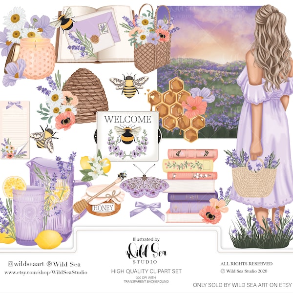 Lavender and Honey Clipart set, Digital download, printable art, purple, yellow, floral, bees, summer, spring, lemon