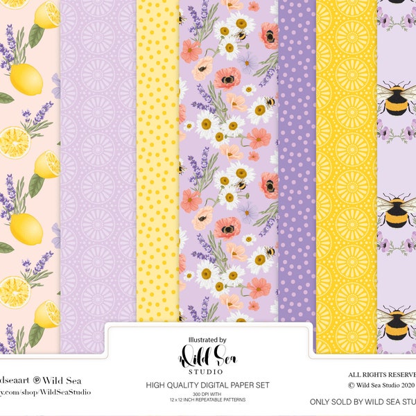 Lavender and Honey Digital Paper set, Digital download, printable art, purple, yellow, floral, bees, summer, spring, lemon