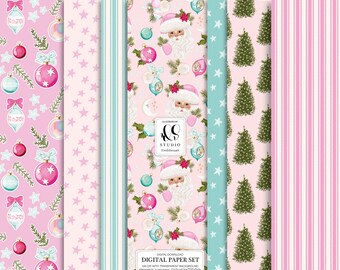 Pink Christmas Digital Paper set, Digital download, printable art, holiday, winter, greenery, planner, strips, Santa, ornaments