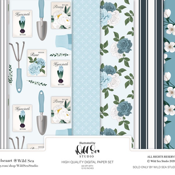 Farmhouse Spring Digital Paper set, printable, floral digital paper, seamless patterns, planner girl