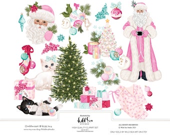 Pink Christmas Clipart set, Digital download, printable art, holiday, winter, greenery, pink santa, cats, christmas, planner