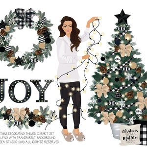 Conjunto de imágenes prediseñadas de alegría navideña, png, 300 dpi, árbol de Navidad, corona, chimenea, adornos, flores, niña, moda