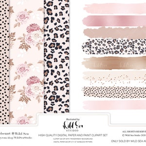 Conjunto de papel digital de chica de moda y paquete de imágenes prediseñadas de trazos de pintura, imágenes prediseñadas, oficina, planificador, chica de moda, floral, estampado de guepardo, puntos