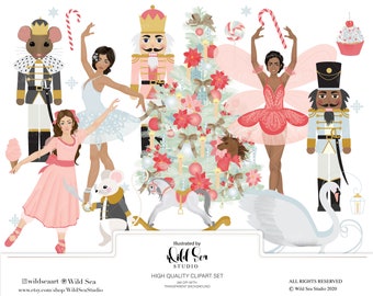 May include: A digital clipart set featuring a Christmas tree, a nutcracker, a rocking horse, a swan, a mouse, and three ballerinas. The ballerinas are wearing pink and blue tutus and have brown hair. The nutcracker is wearing a red and gold uniform. The rocking horse is white with a pink saddle. The swan is white with a blue beak. The mouse is wearing a crown and a blue and gold uniform. The Christmas tree is decorated with red and white ornaments. The clipart set is perfect for creating holiday crafts and projects.