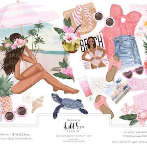 Island Girl Clipart set, digitale download, afdrukbare kunst, roze, strand, tropisch, planner, zomer