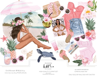 Island Girl Clipart set, Digital download, printable art, pink, beach, tropical, planner, summer