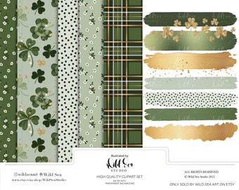 St. Patrick's Day Digital Paper and Paint Stroke set, Shamrock, four leaf clover, Tartan,Plaid, Lucky, St Patrick's Day,