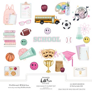 Clipart schoolpictogram, digitale stickers, png's, huiswerk, testdag, sport, projecten, herinneringen, pictogrammen