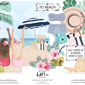 Conjunto de clipart de férias na praia, praia, garotas da moda, biquíni, guarda-chuva, tropical, floral, garota planejadora